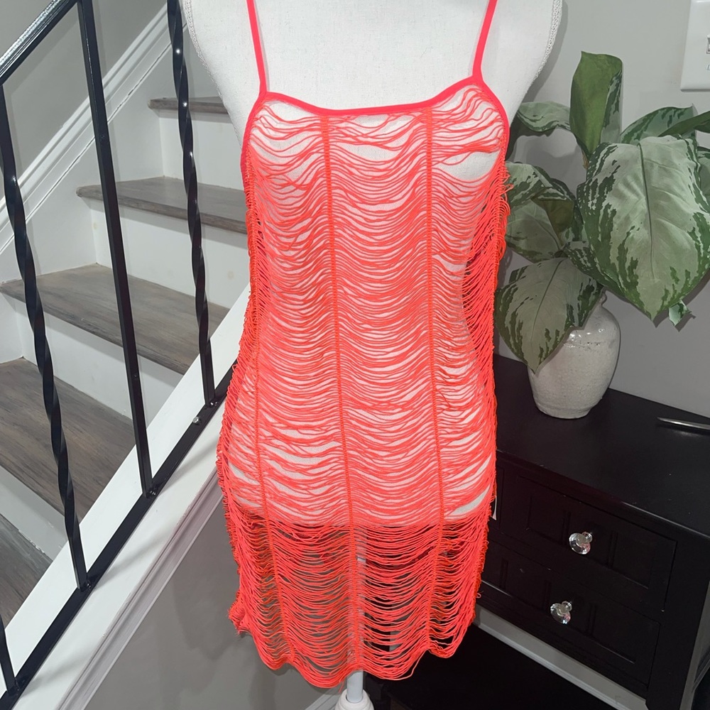 NWT FRINGED NEON PINK/ORANGE MINI DRESS COVERUP